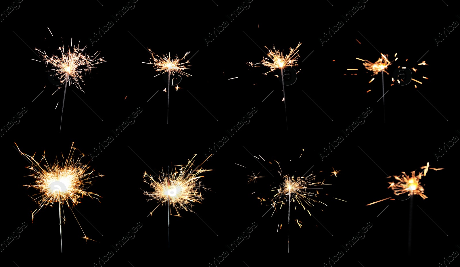 Image of Collage with bright burning sparklers on black background