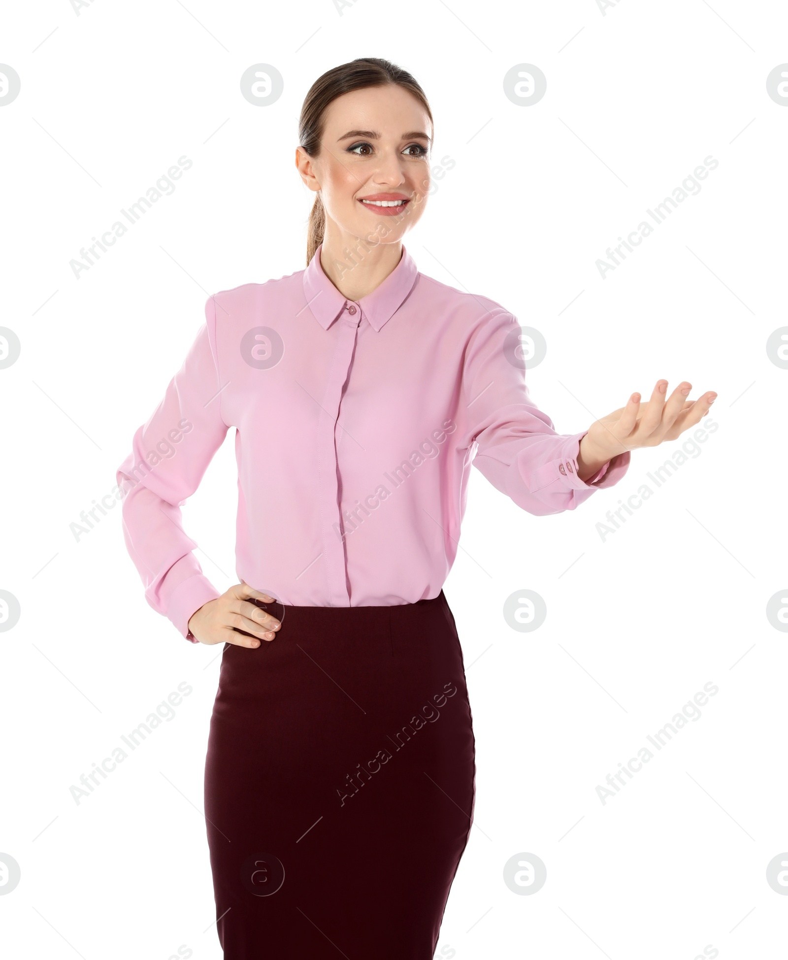 Photo of Portrait of young female teacher on white background