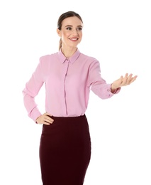 Portrait of young female teacher on white background