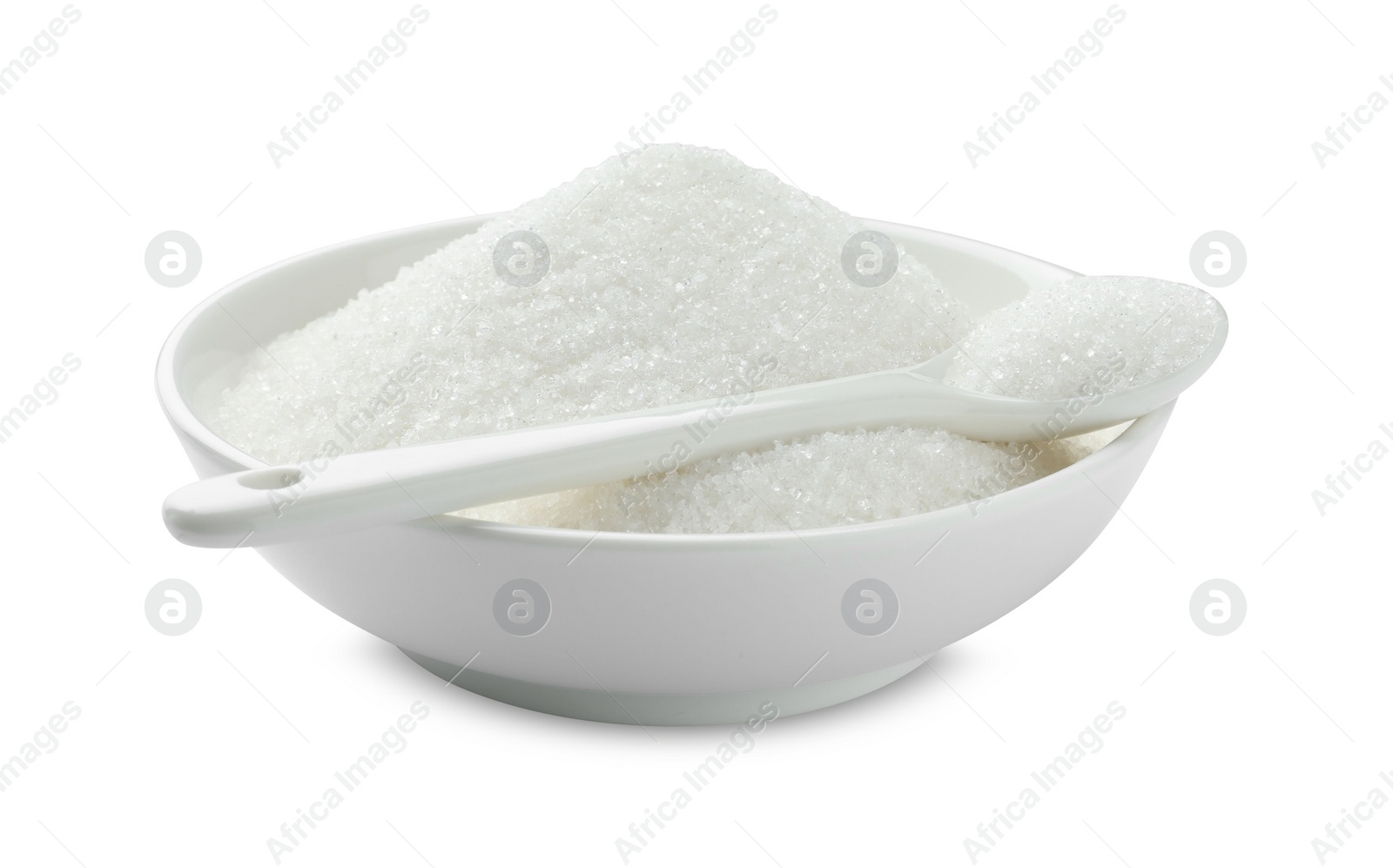 Photo of Granulated sugar in bowl and spoon isolated on white