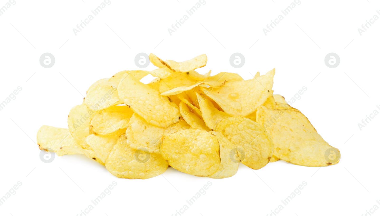 Photo of Heap of delicious potato chips on white background