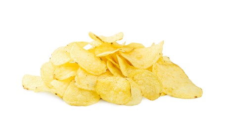 Photo of Heap of delicious potato chips on white background