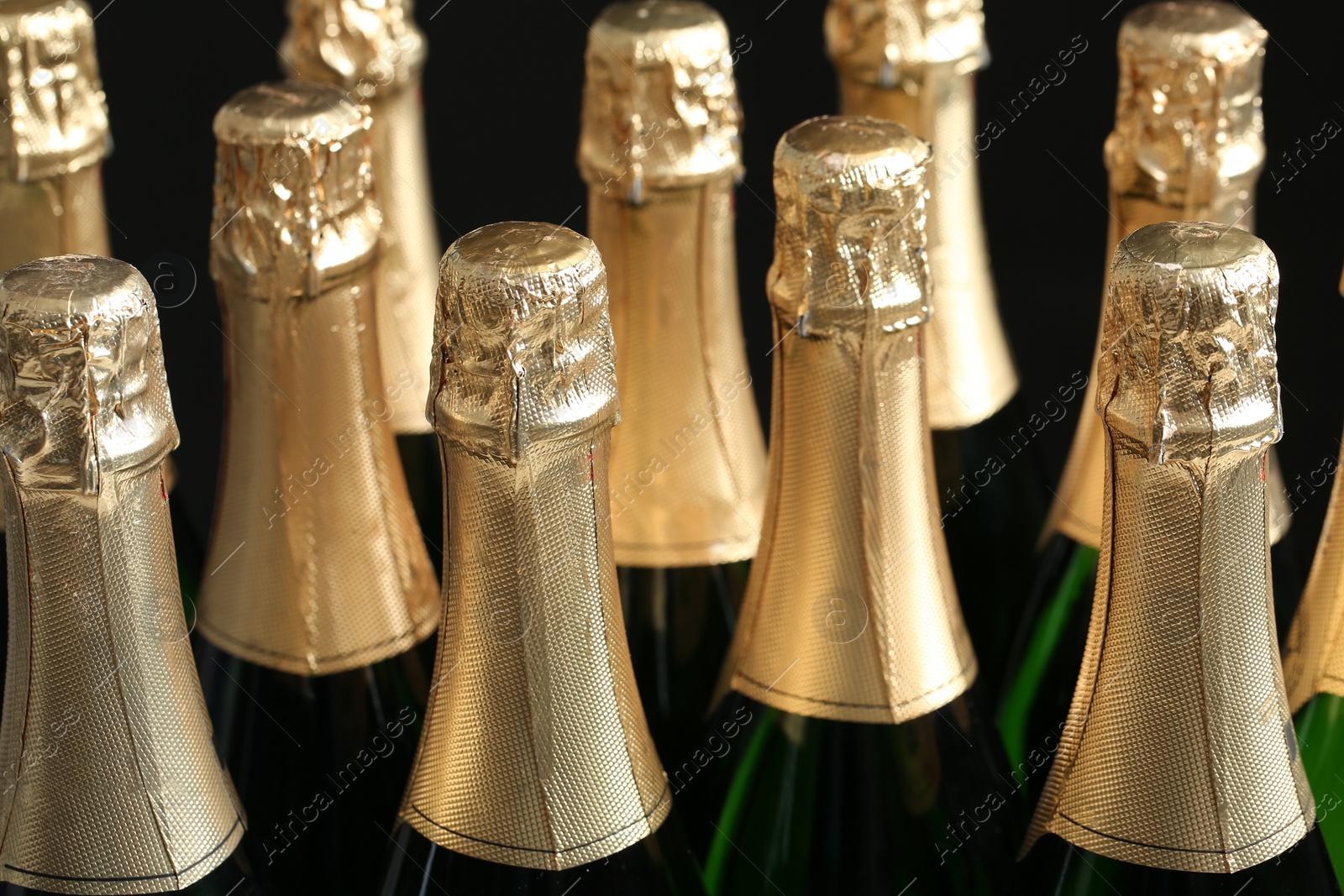 Photo of Many bottles of champagne on dark background, closeup