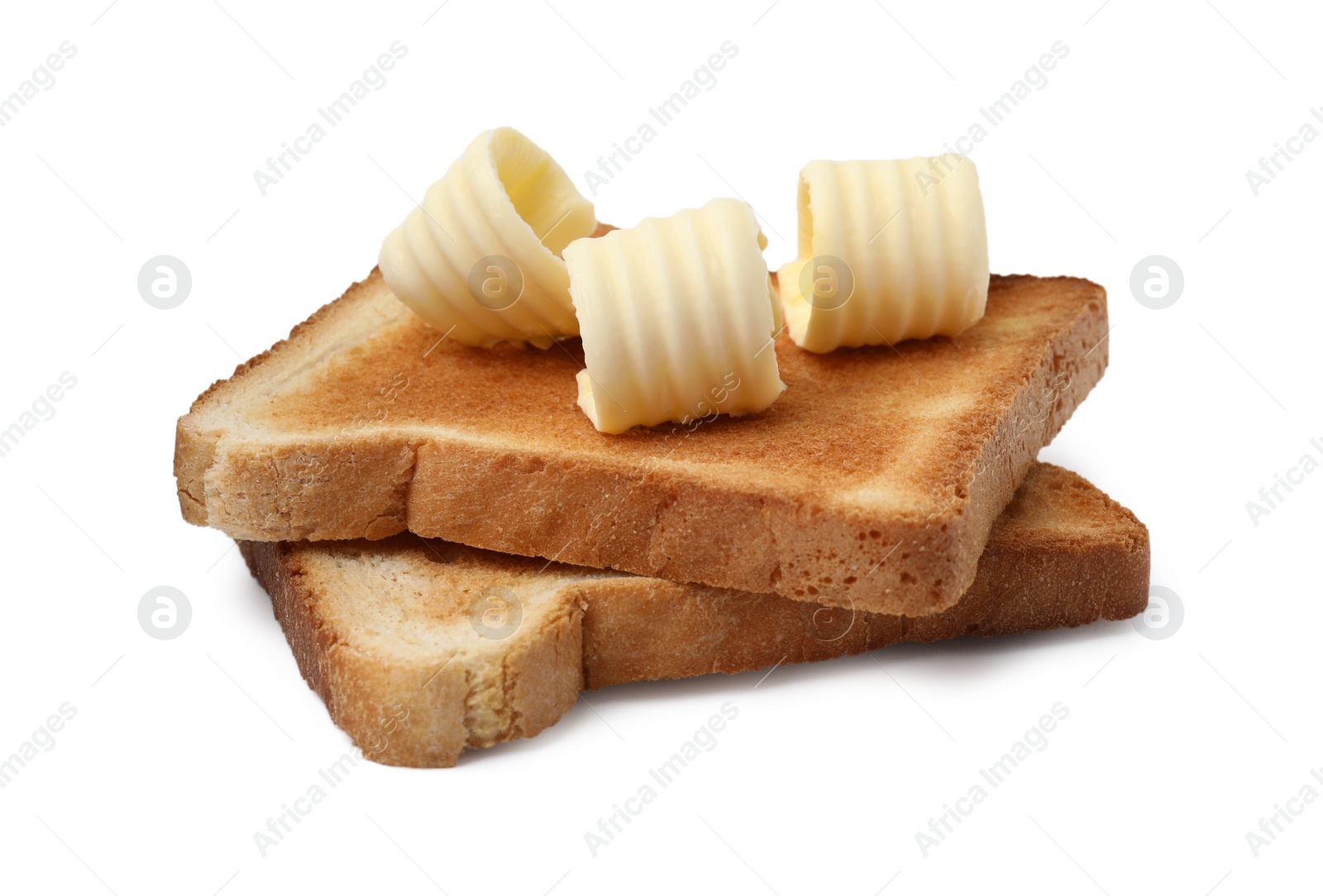 Photo of Tasty butter curls and toasts isolated on white