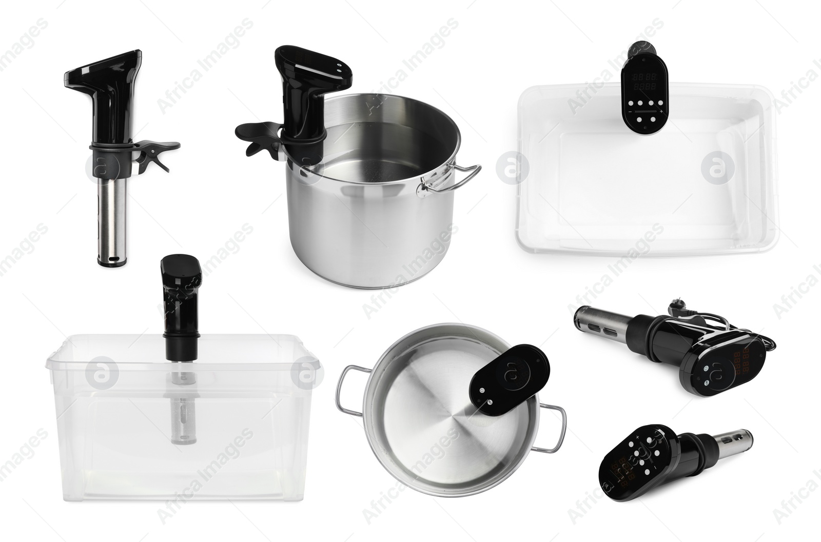 Image of Collage with sous vide cookers isolated on white. Thermal immersion circulator