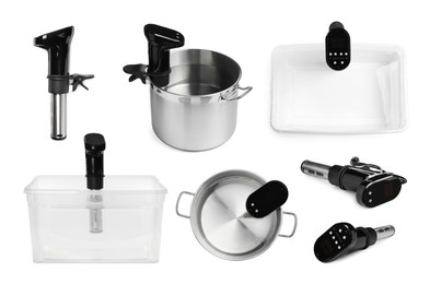 Collage with sous vide cookers isolated on white. Thermal immersion circulator