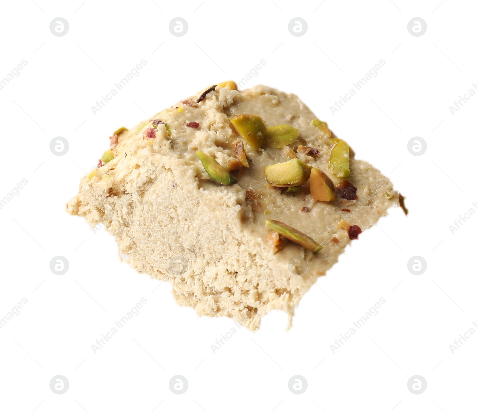 Photo of Piece of tasty pistachio halva isolated on white