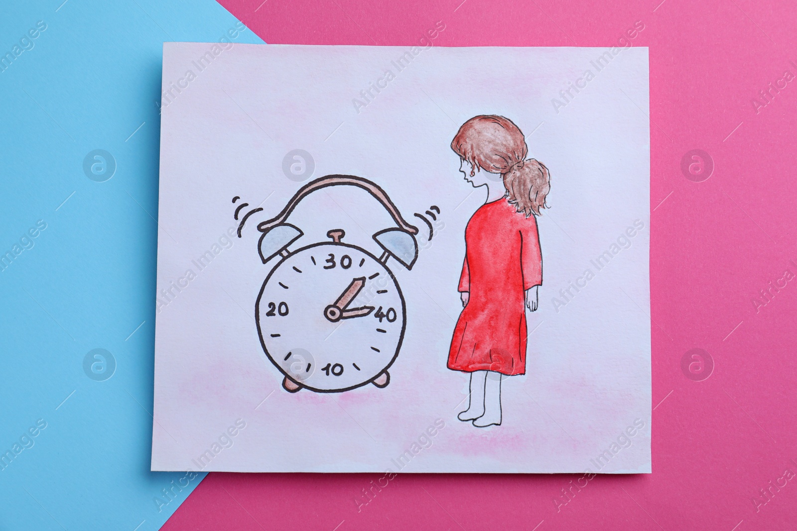 Photo of Drawing of alarm clock and woman figure on color background, top view. Menopause concept