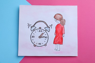 Drawing of alarm clock and woman figure on color background, top view. Menopause concept