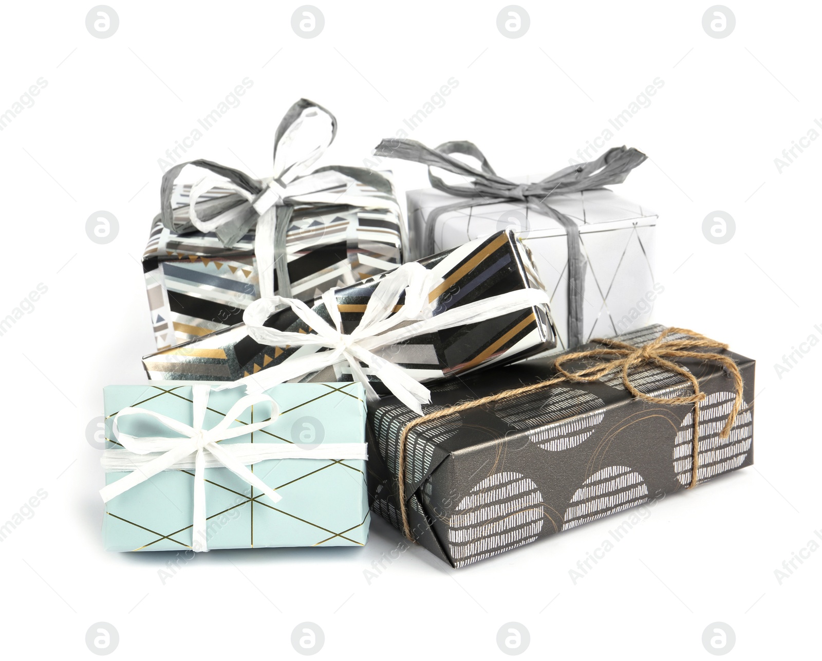 Photo of Heap of beautiful gift boxes on white background