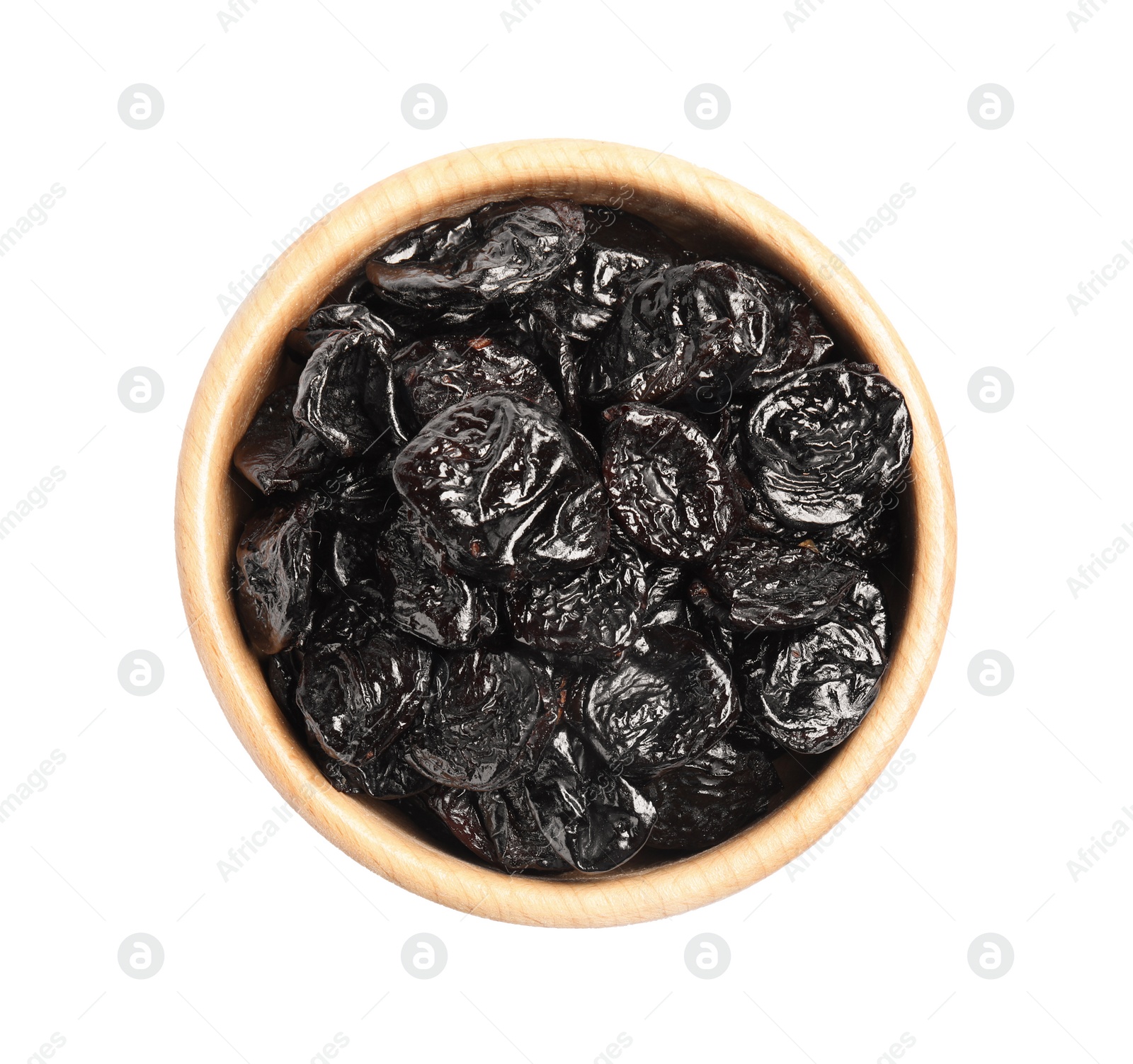 Photo of Bowl of tasty prunes on white background, top view. Dried fruit as healthy snack