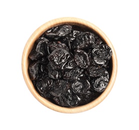 Photo of Bowl of tasty prunes on white background, top view. Dried fruit as healthy snack