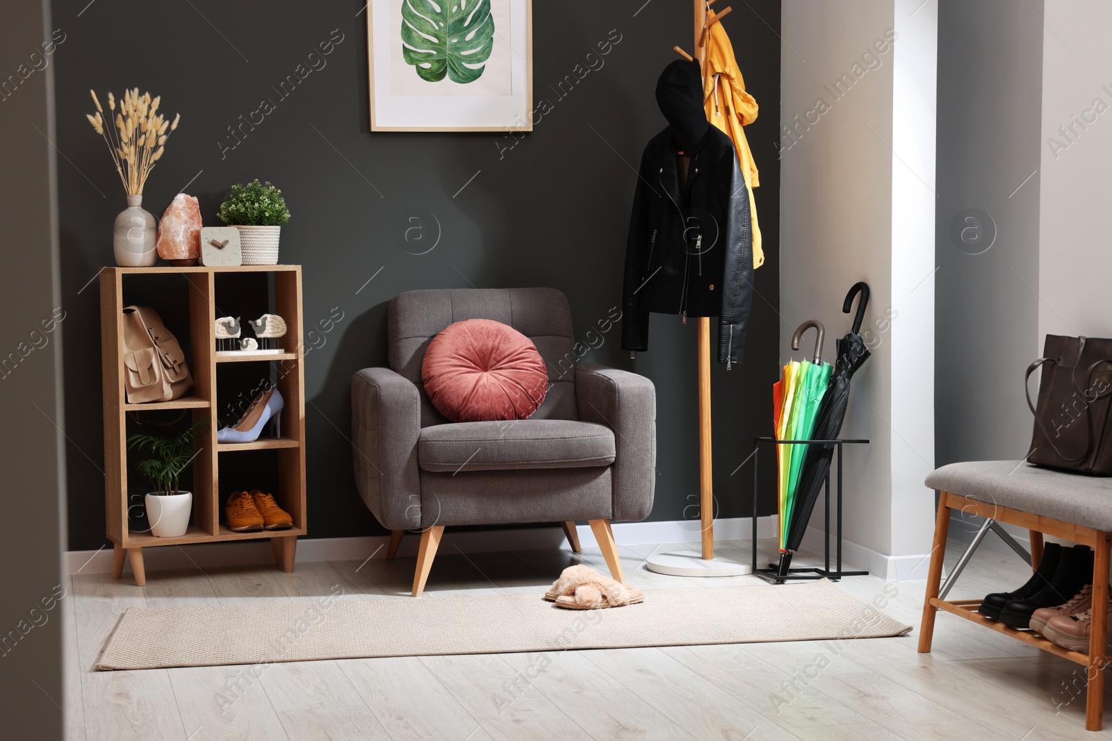 Photo of Modern hallway interior with stylish furniture and decorative elements