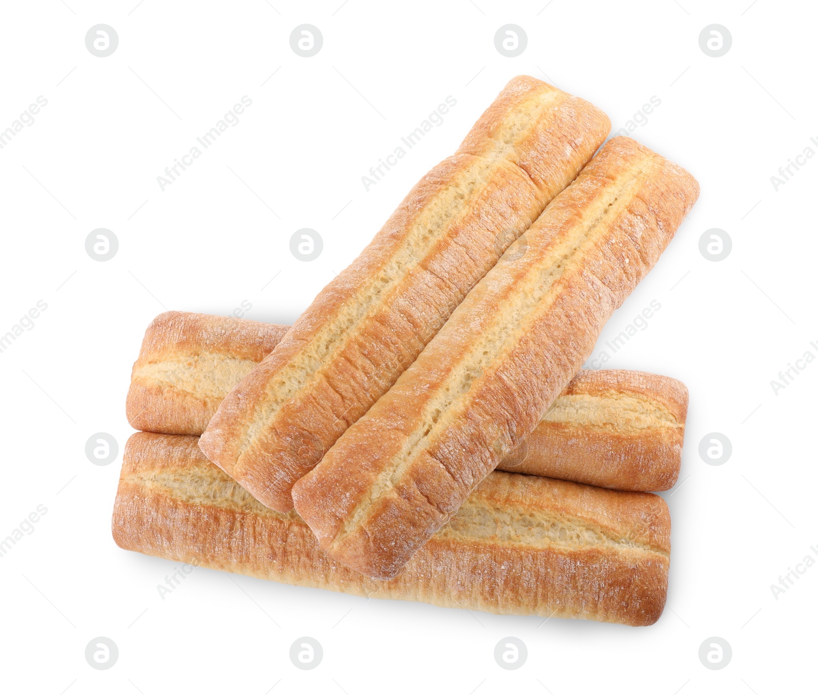 Photo of Tasty baguettes on white background, top view. Fresh bread