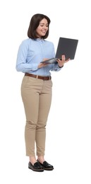 Happy businesswoman woman using laptop on white background