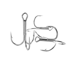 Metal hooks on white background. Fishing accessories