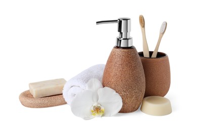 Photo of Bath accessories. Set of different personal care products and flower isolated on white