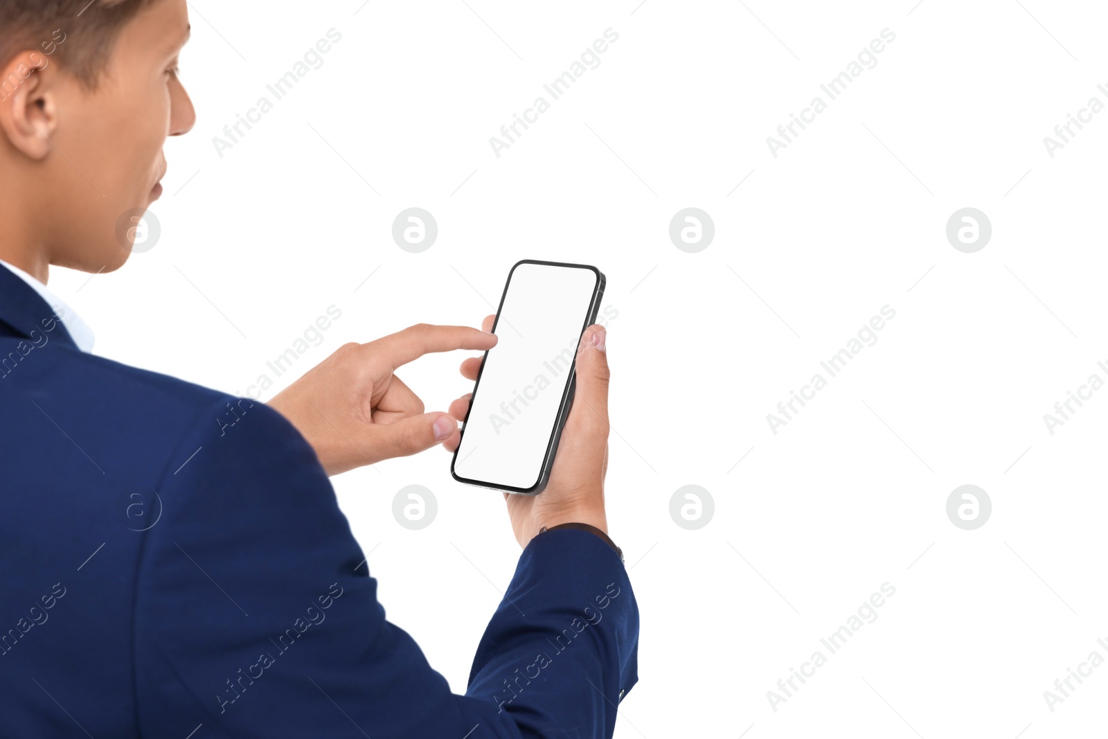 Photo of Man using phone with blank screen on white background, closeup