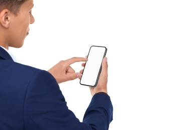 Man using phone with blank screen on white background, closeup