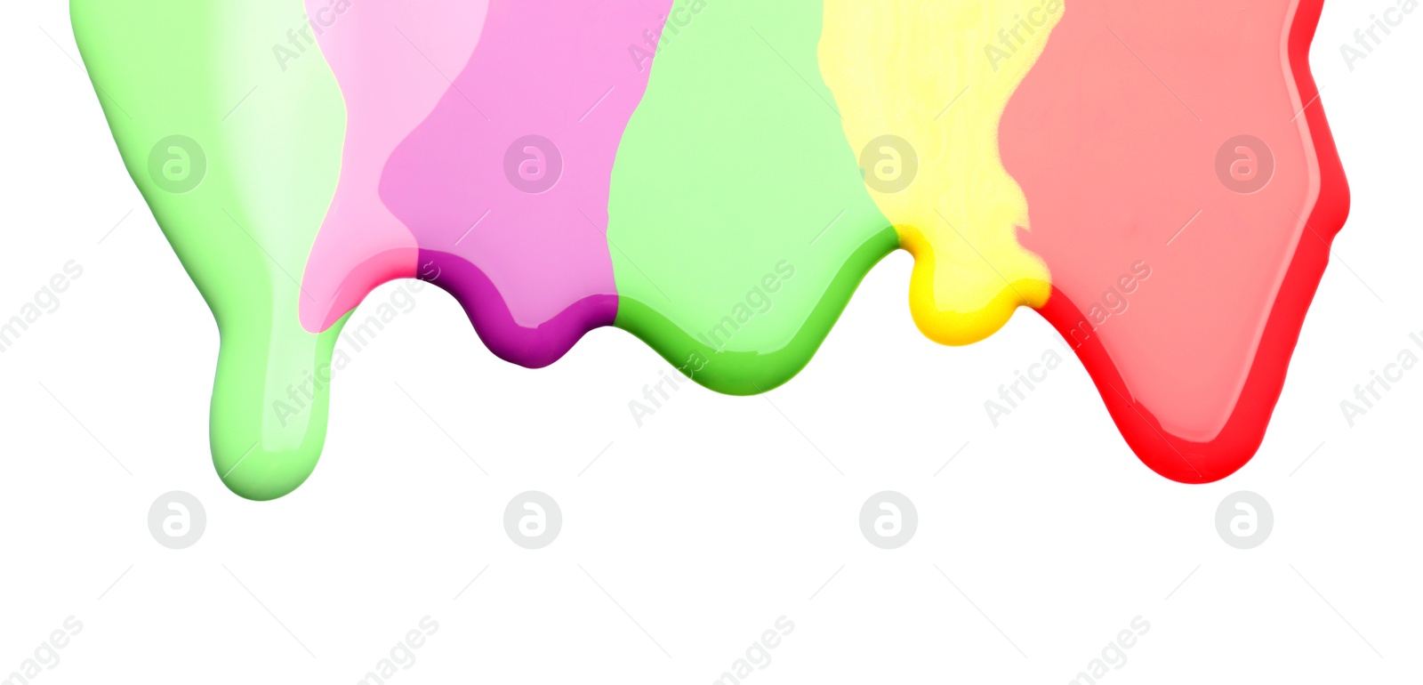 Photo of Colorful nail polishes spilled on white background