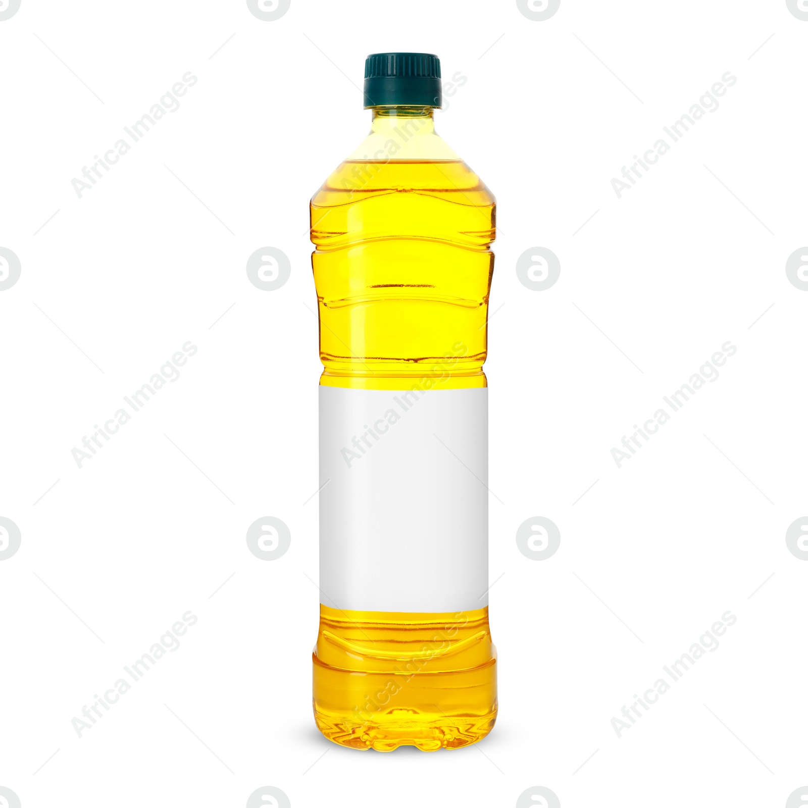 Image of Cooking oil in plastic bottle with empty label isolated on white. Mockup for design