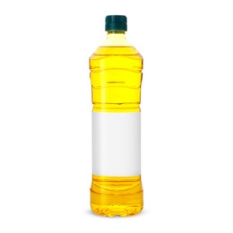 Image of Cooking oil in plastic bottle with empty label isolated on white. Mockup for design