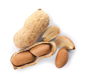 Raw peanuts on white background, top view. Healthy snack