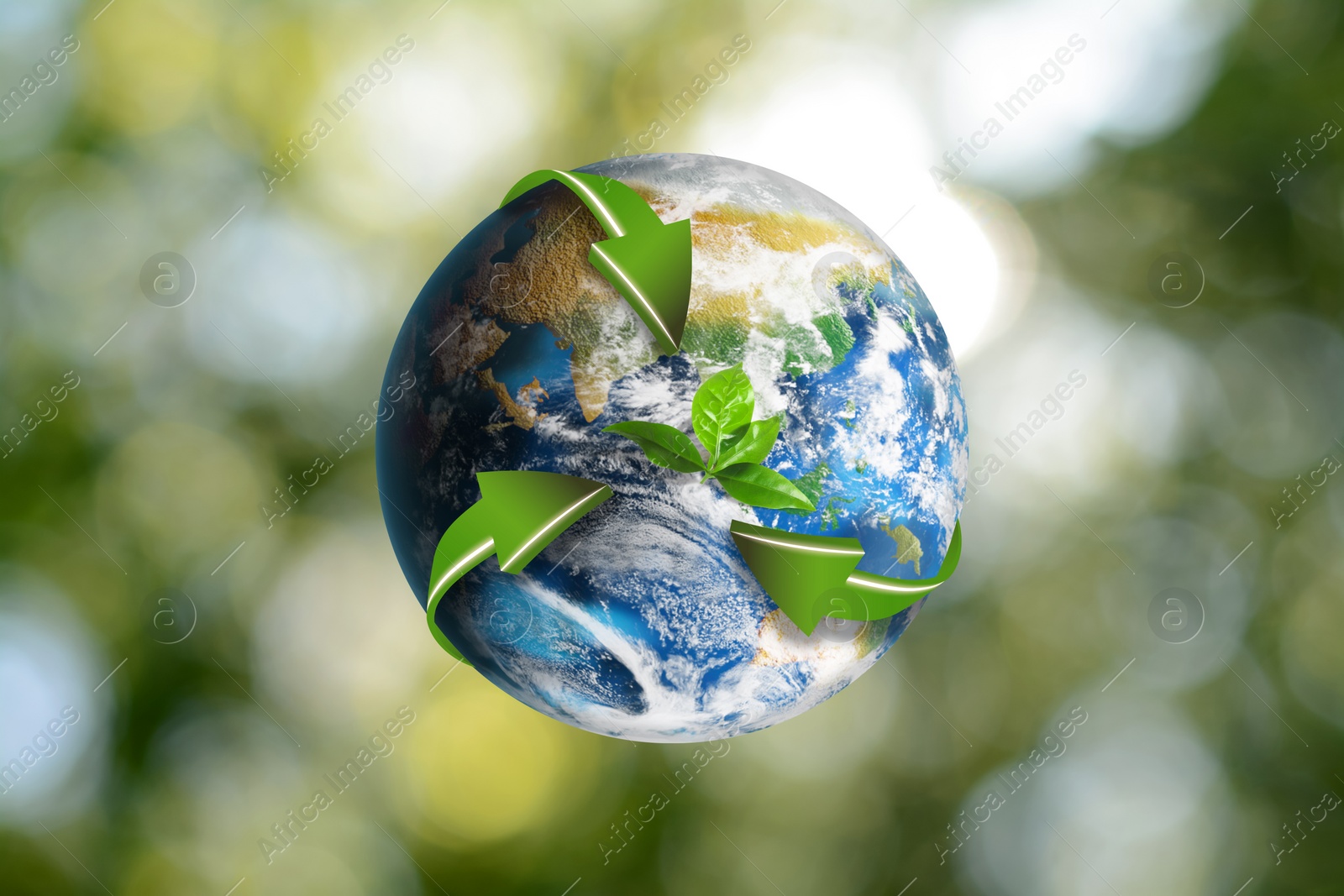 Image of Recycling concept. Earth planet with green arrows and leaves on blurred background, illustration