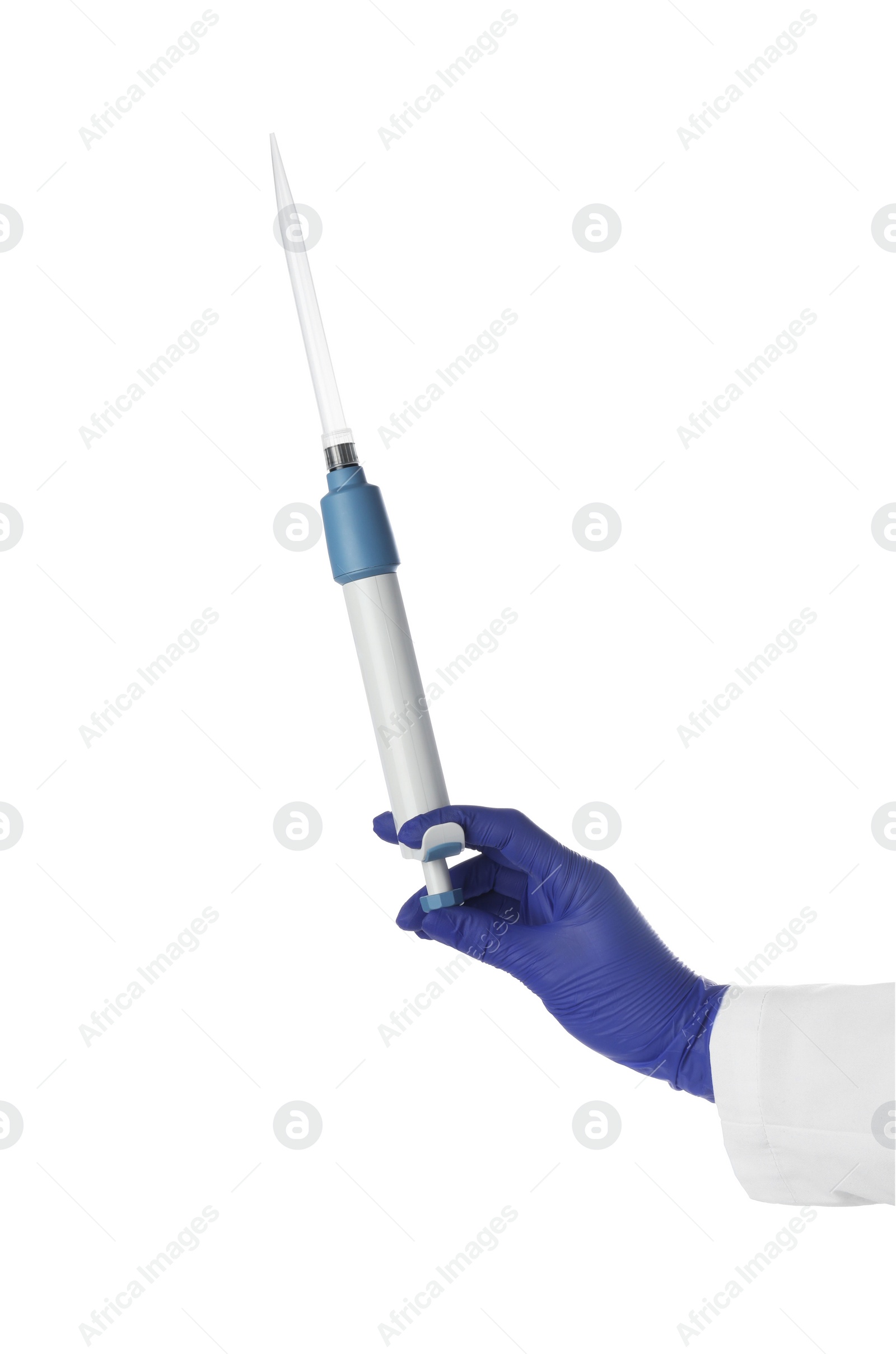 Photo of Laboratory analysis. Scientist holding micropipette on white background, closeup