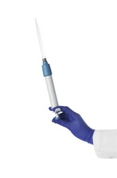 Photo of Laboratory analysis. Scientist holding micropipette on white background, closeup