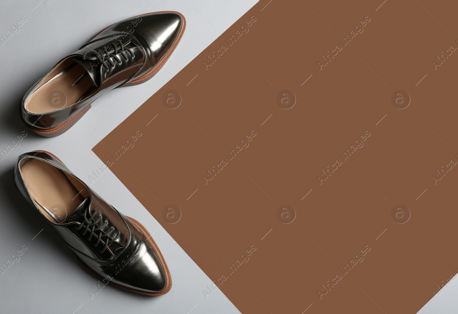 Photo of Stylish shoes on color background, top view with space for text