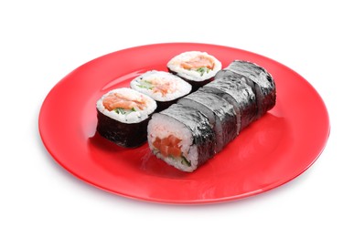 Photo of Tasty sushi rolls with salmon on white background