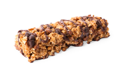 Crunchy granola bar with chocolate on white background