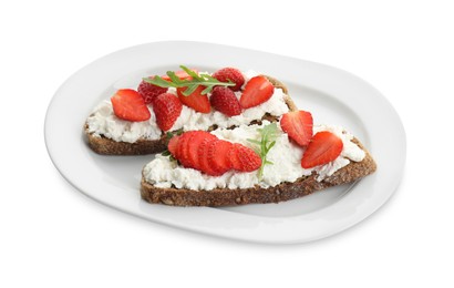 Photo of Delicious ricotta bruschettas with strawberry and arugula isolated on white