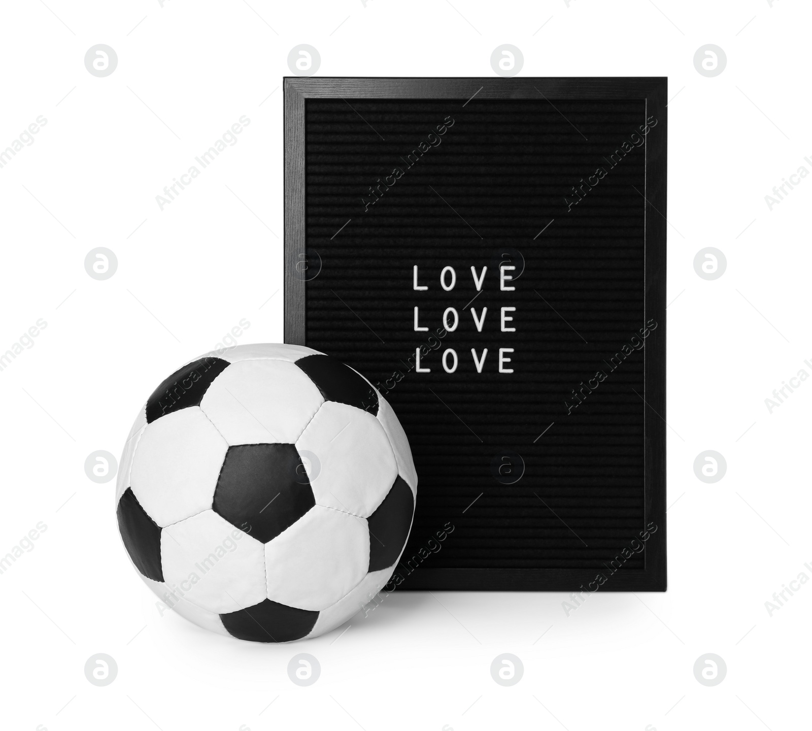 Photo of Soccer ball and letter board with words Love on white background