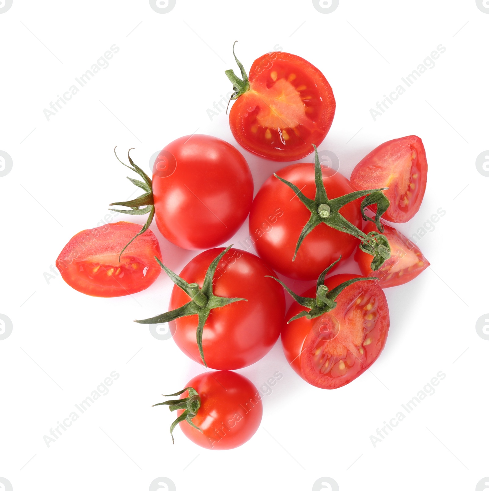 Photo of Tasty fresh raw tomatoes isolated on white, top view