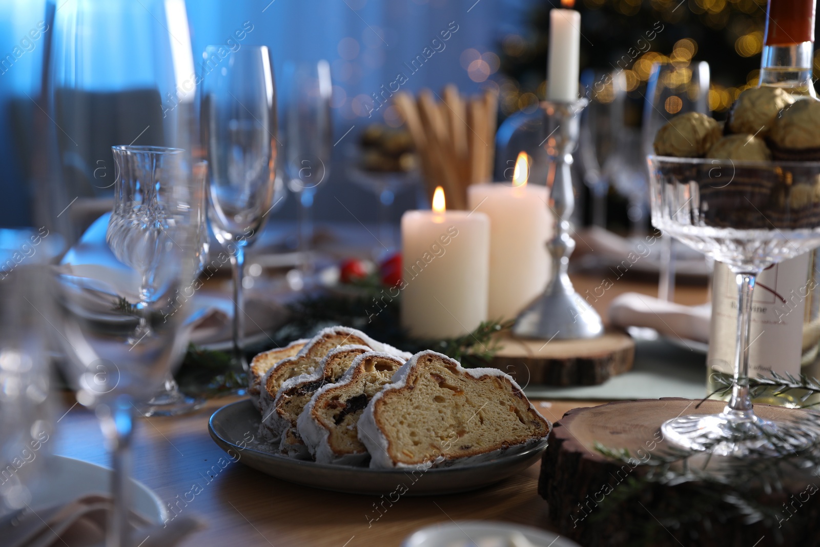 Photo of Festive bread served on table indoors. Celebrating Christmas
