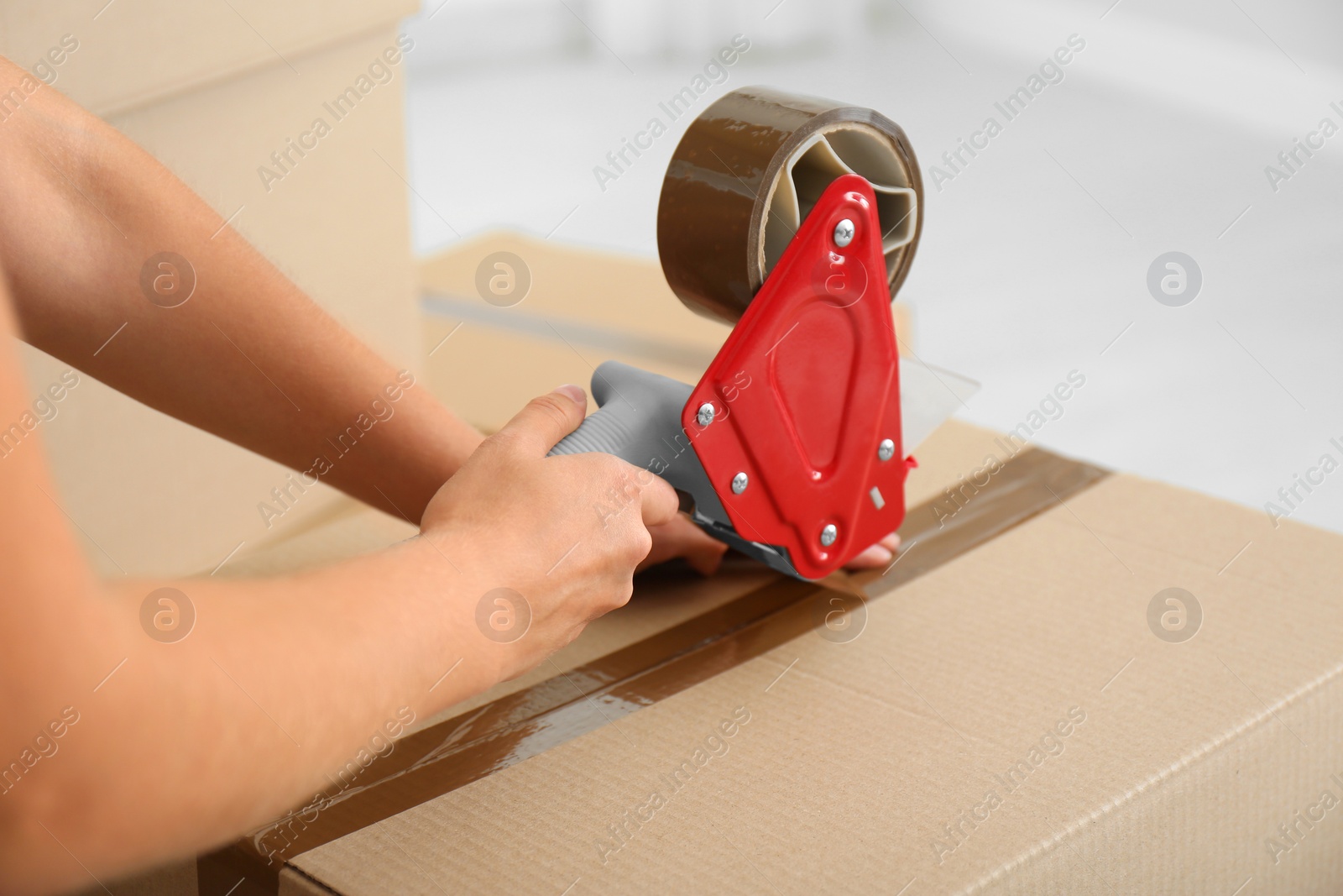 Photo of Woman packing carton box indoors, closeup. Moving day