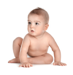 Photo of Cute healthy little baby on white background