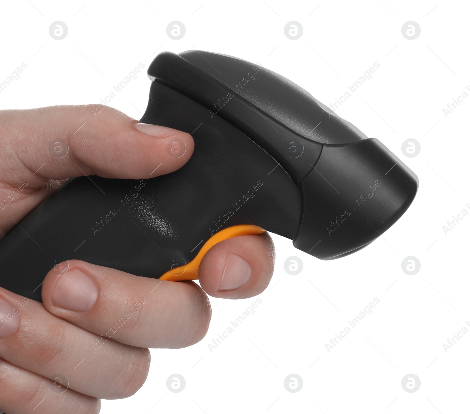 Photo of Man with barcode scanner on white background, closeup