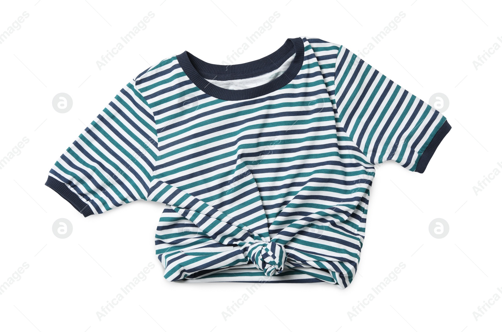 Photo of Modern striped t-shirt isolated on white, top view
