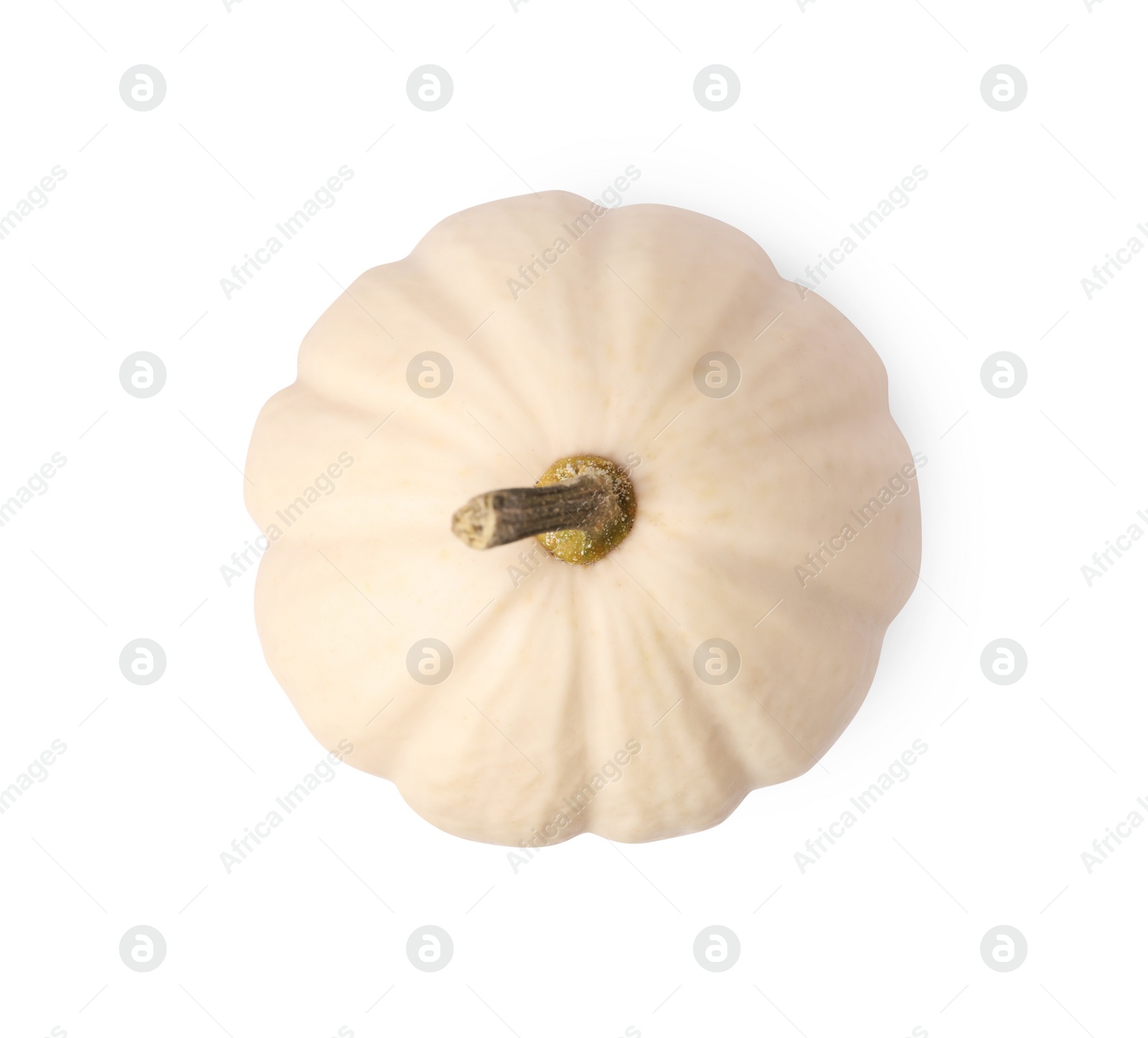 Photo of One fresh pumpkin isolated on white, top view