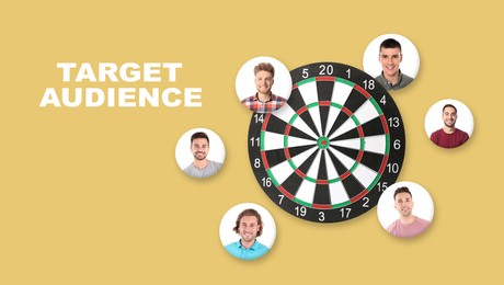 Image of Target audience. Dartboard surrounded by photos of potential clients on yellow background, banner design