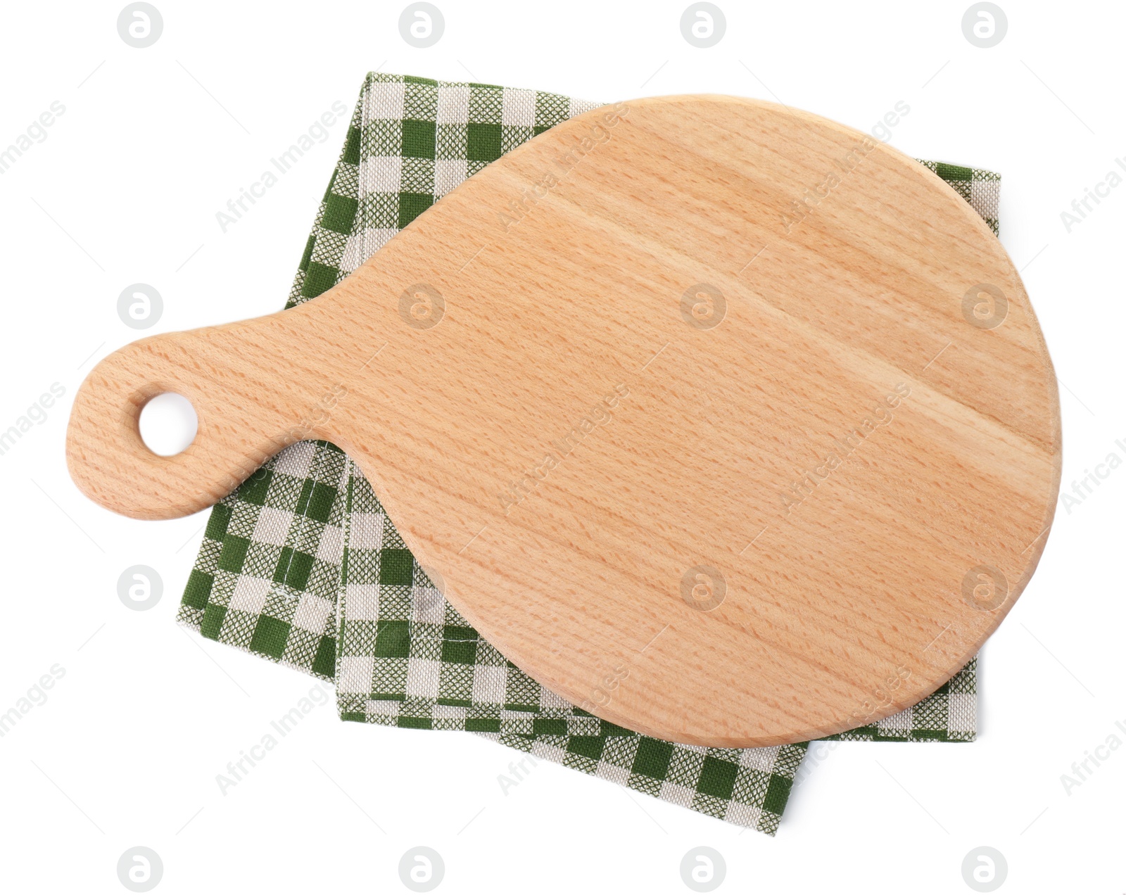 Photo of Wooden cutting board and napkin isolated on white, top view