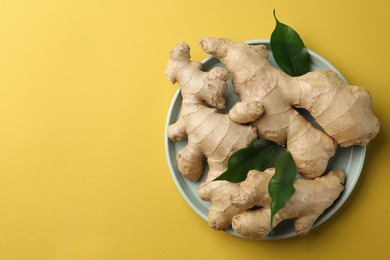 Photo of Fresh ginger with green leaves on pale light yellow background, top view. Space for text