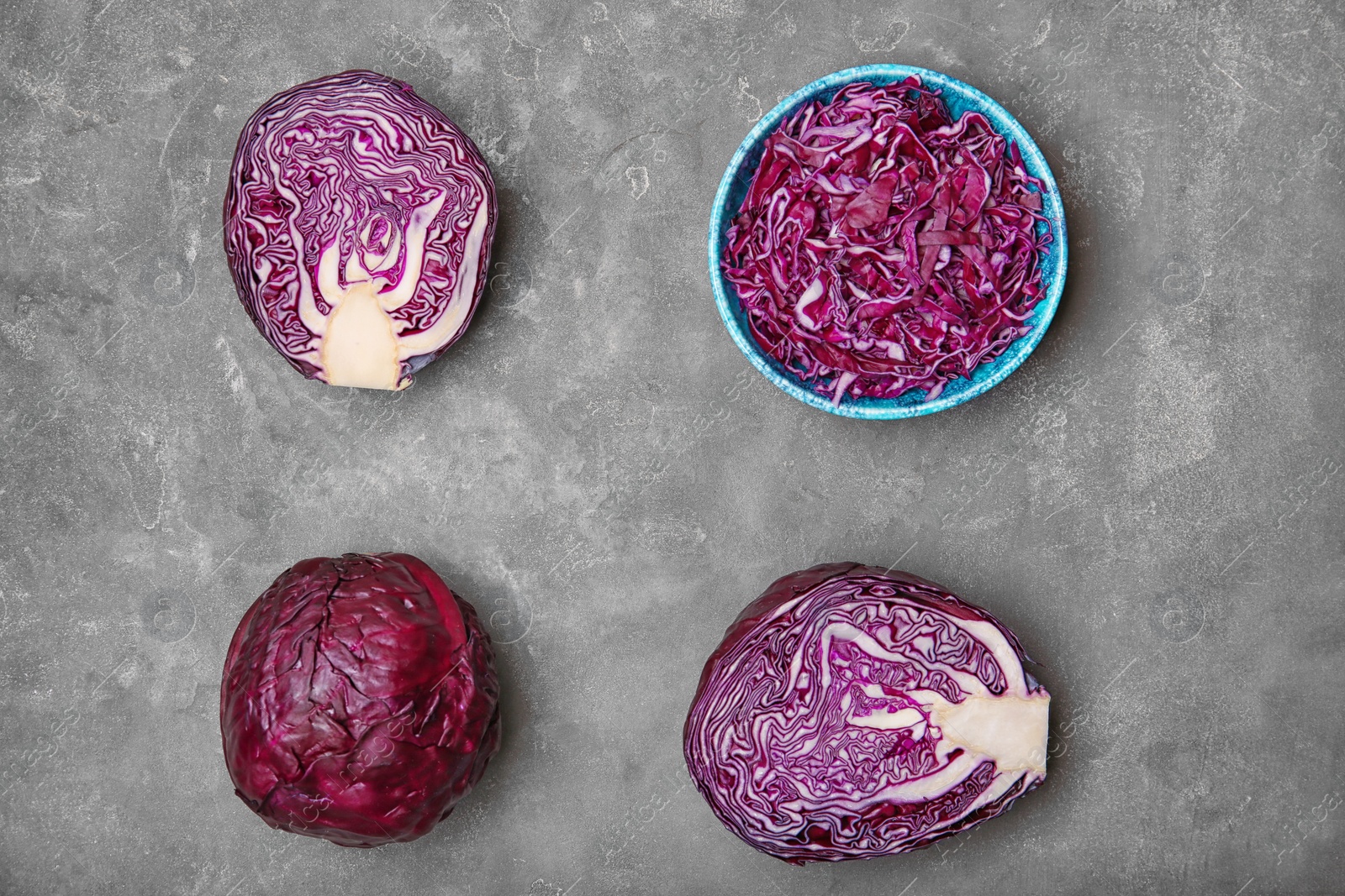 Photo of Flat lay composition with red cabbage on table