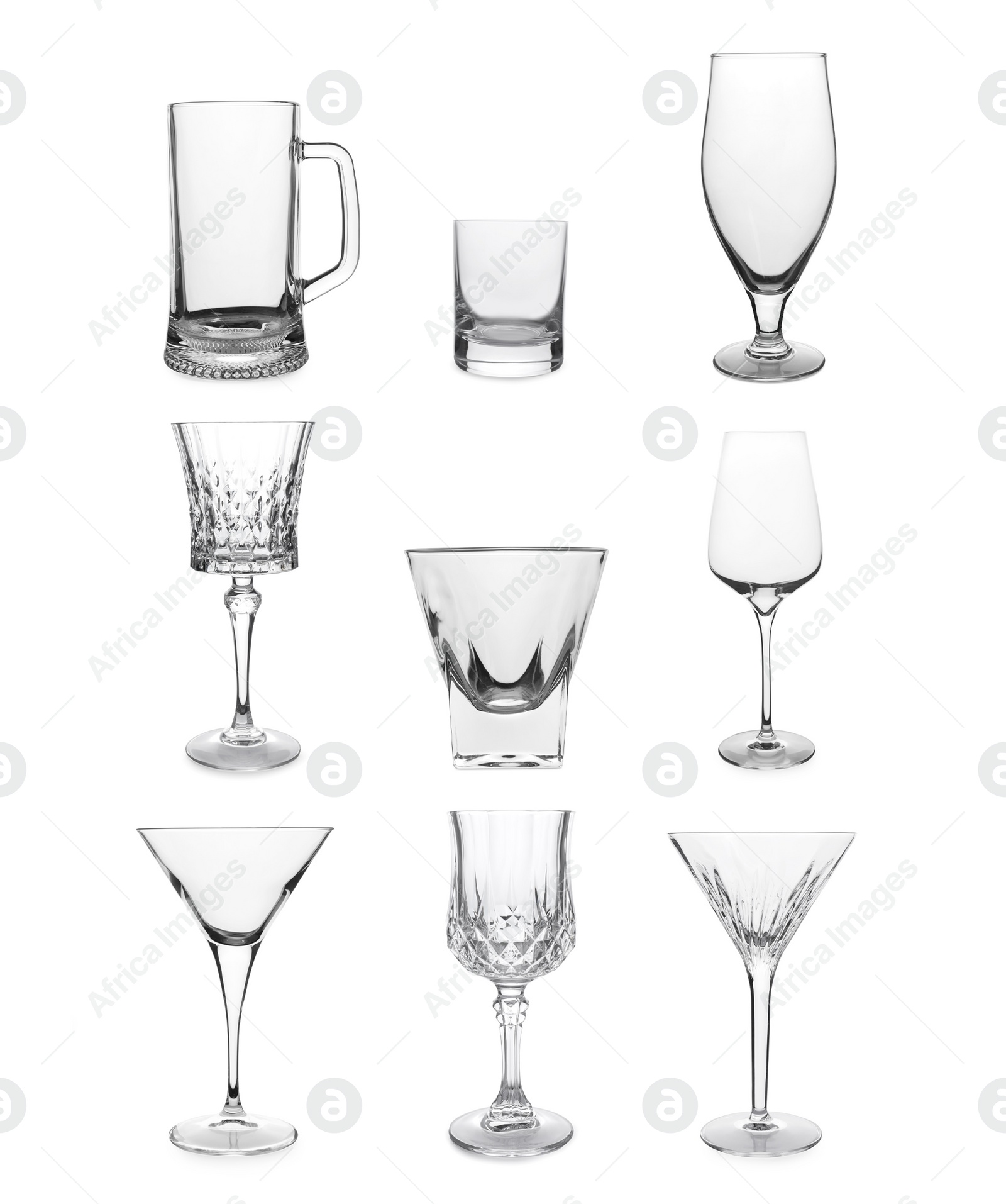 Image of Collage with different empty glasses on white background