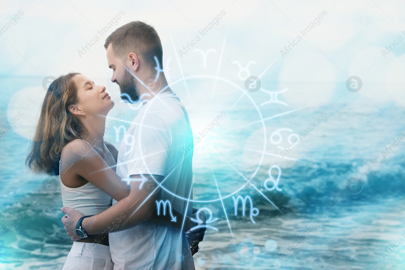 Image of Horoscope compatibility. Loving couple and zodiac wheel