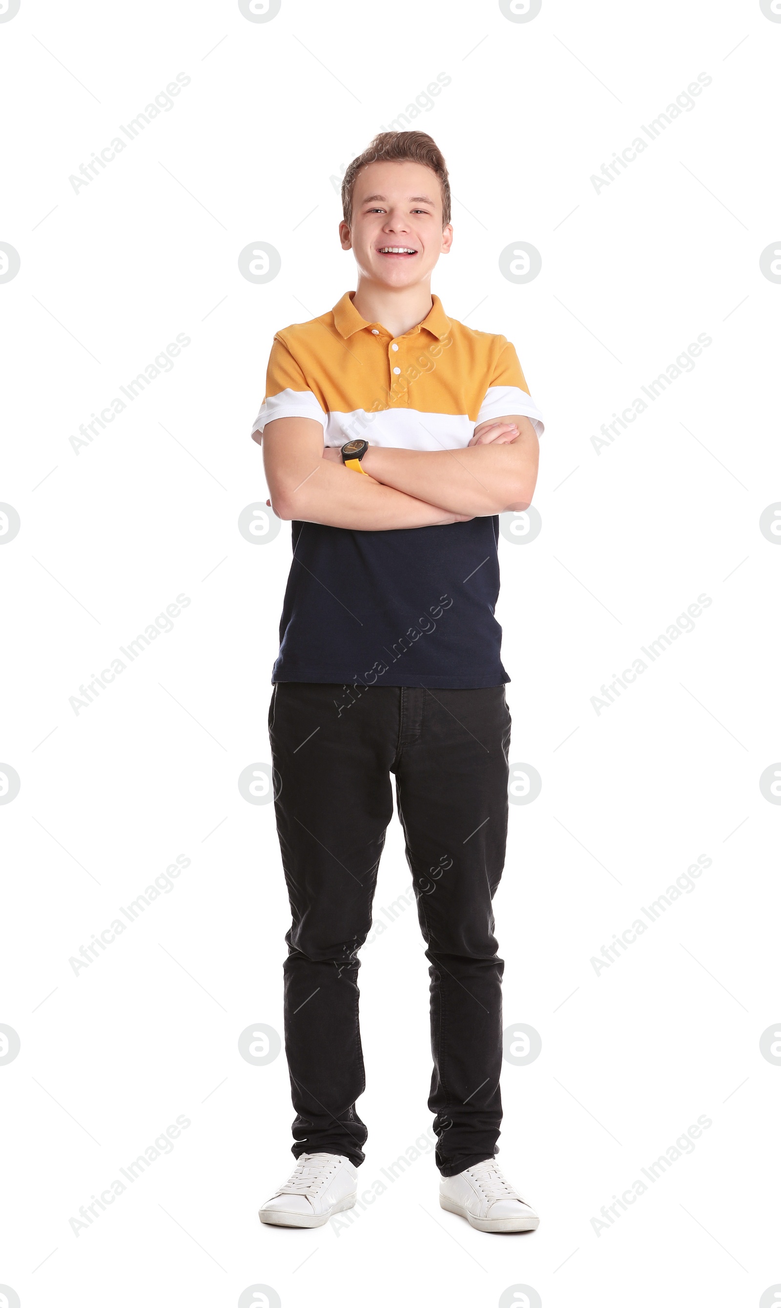 Photo of Portrait of handsome teenage boy on white background