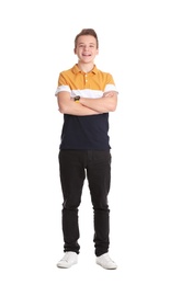 Portrait of handsome teenage boy on white background